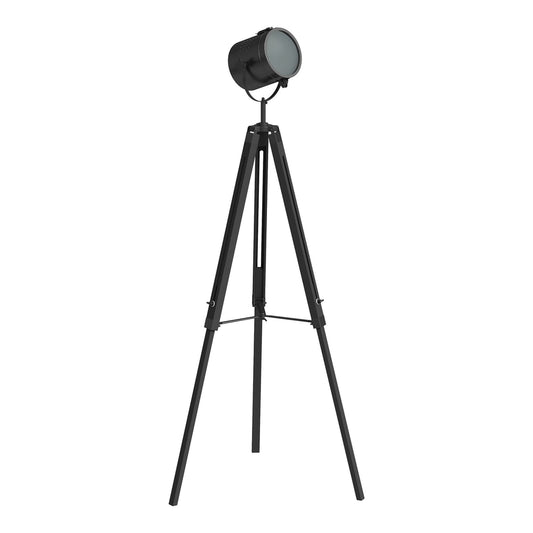 HOMCOM Industrial Tripod Floor Lamp standing on three wooden legs with a spotlight head
