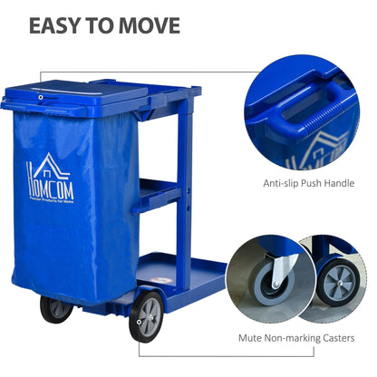 Blue cleaning trolley with close ups of the handle and wheels