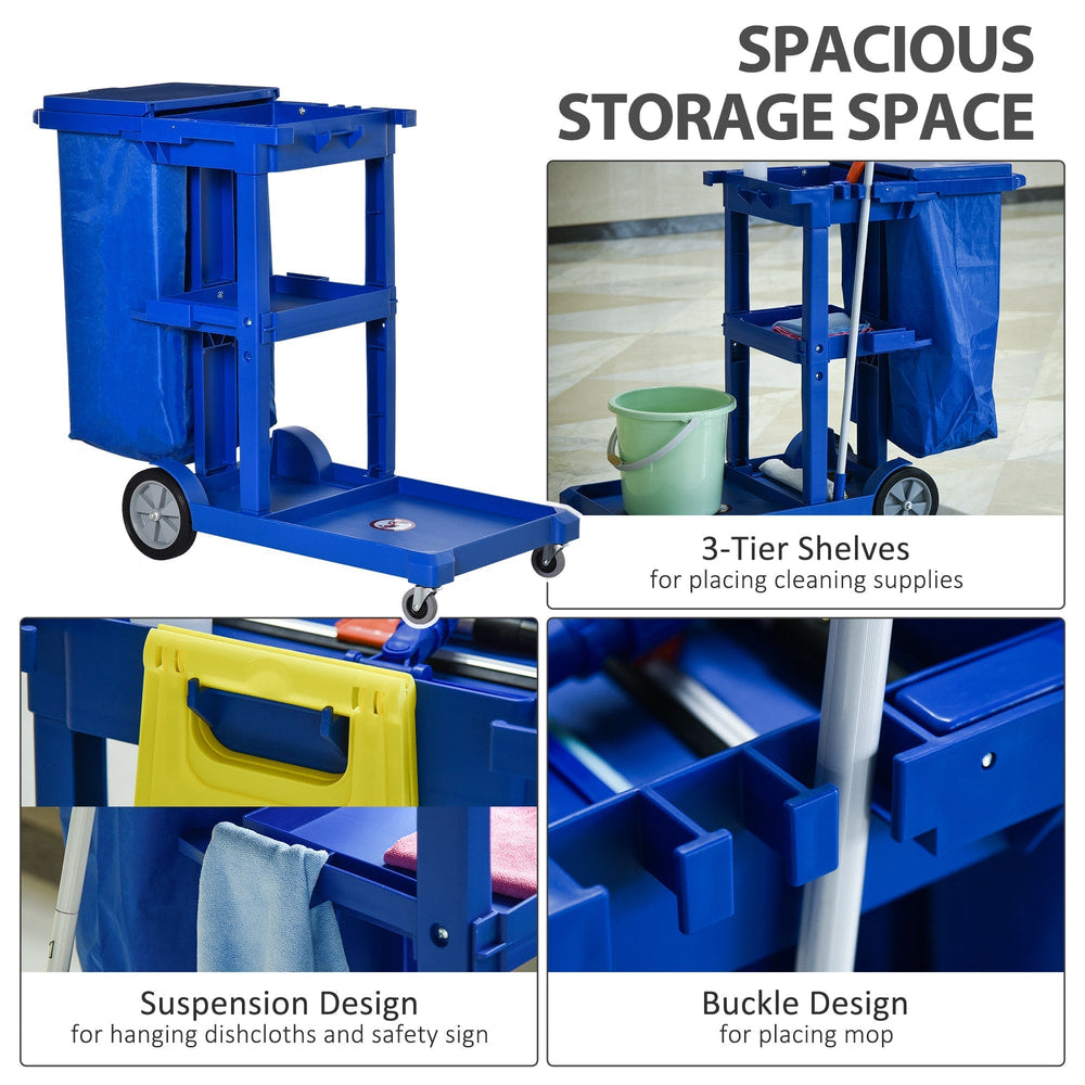Close up of the blue cleaning trolley's storage and design features