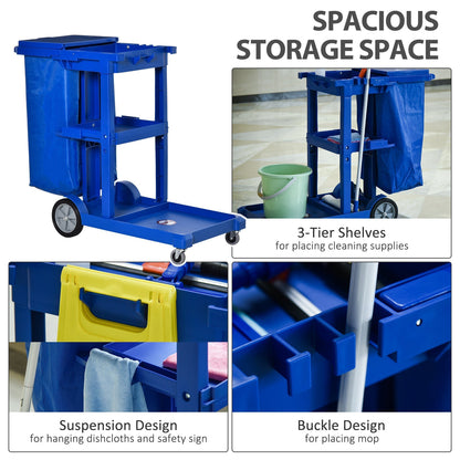 Close up of the blue cleaning trolley's storage and design features