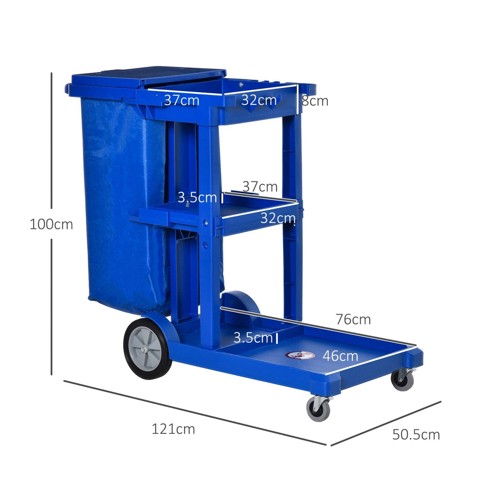 Blue cleaning trolley with dimensions shown in cm