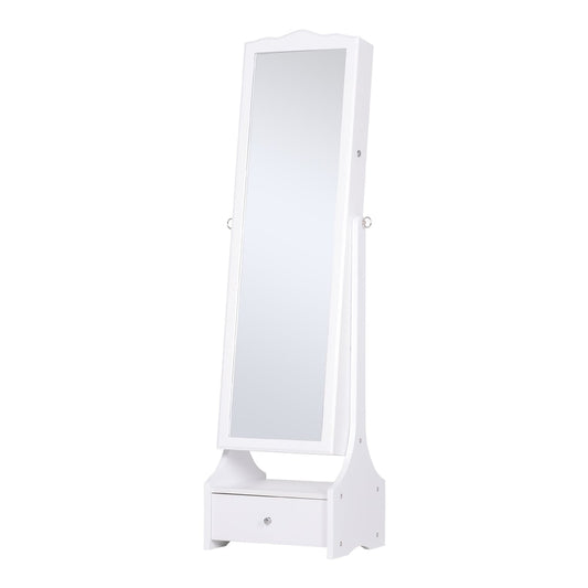 The white floor standing mirror jewellery cabinet with a storage drawer at the base