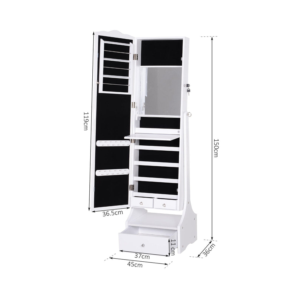 The mirror jewellery cabinet with door open showing internal storage and size dimensions