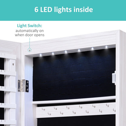 Close up of the interior top section of the mirror jewellery cabinet showing LED lights
