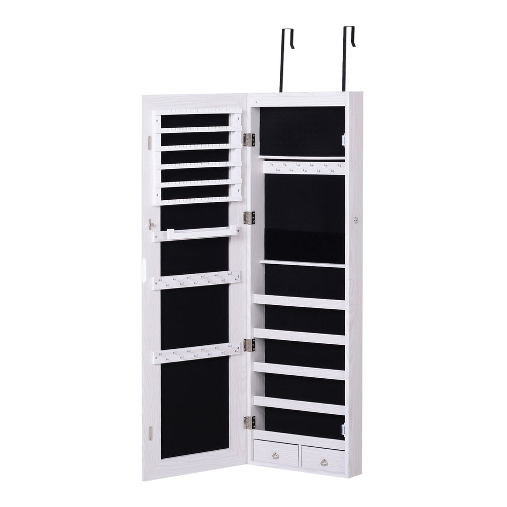 HOMCOM Jewelry Cabinet with Mirror and LED Lights with the door open showing internal storage