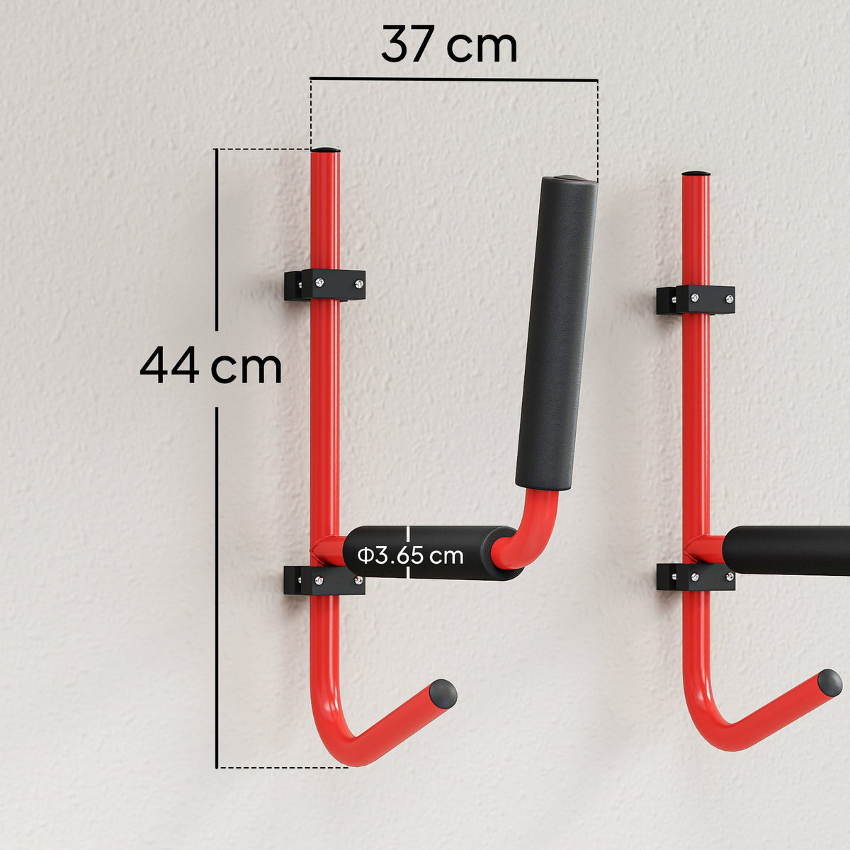 Red wall mounted kayak storage rack with padded rests and dimensions shown