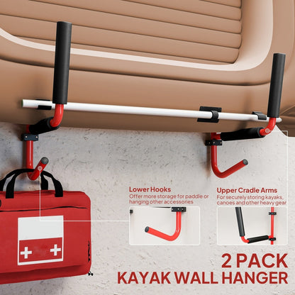Two red kayak wall hangers with black padded rests, one holding a medical kit and bag