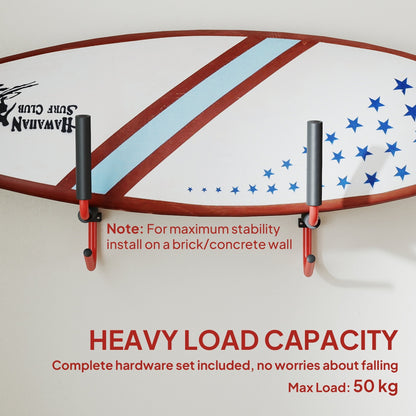 The heavy duty kayak wall rack holding a surfboard, with text about load capacity