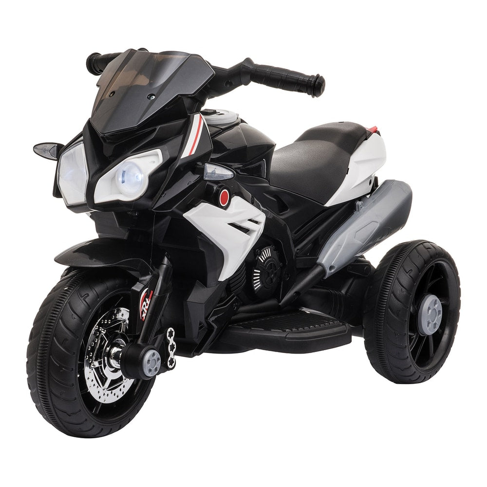 HOMCOM Kids Electric Motorcycle Ride-On Toy, a black and white three-wheeled ride-on toy with lights on