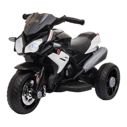 HOMCOM Kids Electric Motorcycle Ride-On Toy, a black and white three-wheeled ride-on toy with lights on