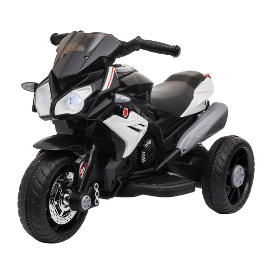 HOMCOM Kids Electric Motorcycle Ride-On Toy, a black and white three-wheeled ride-on toy with lights on