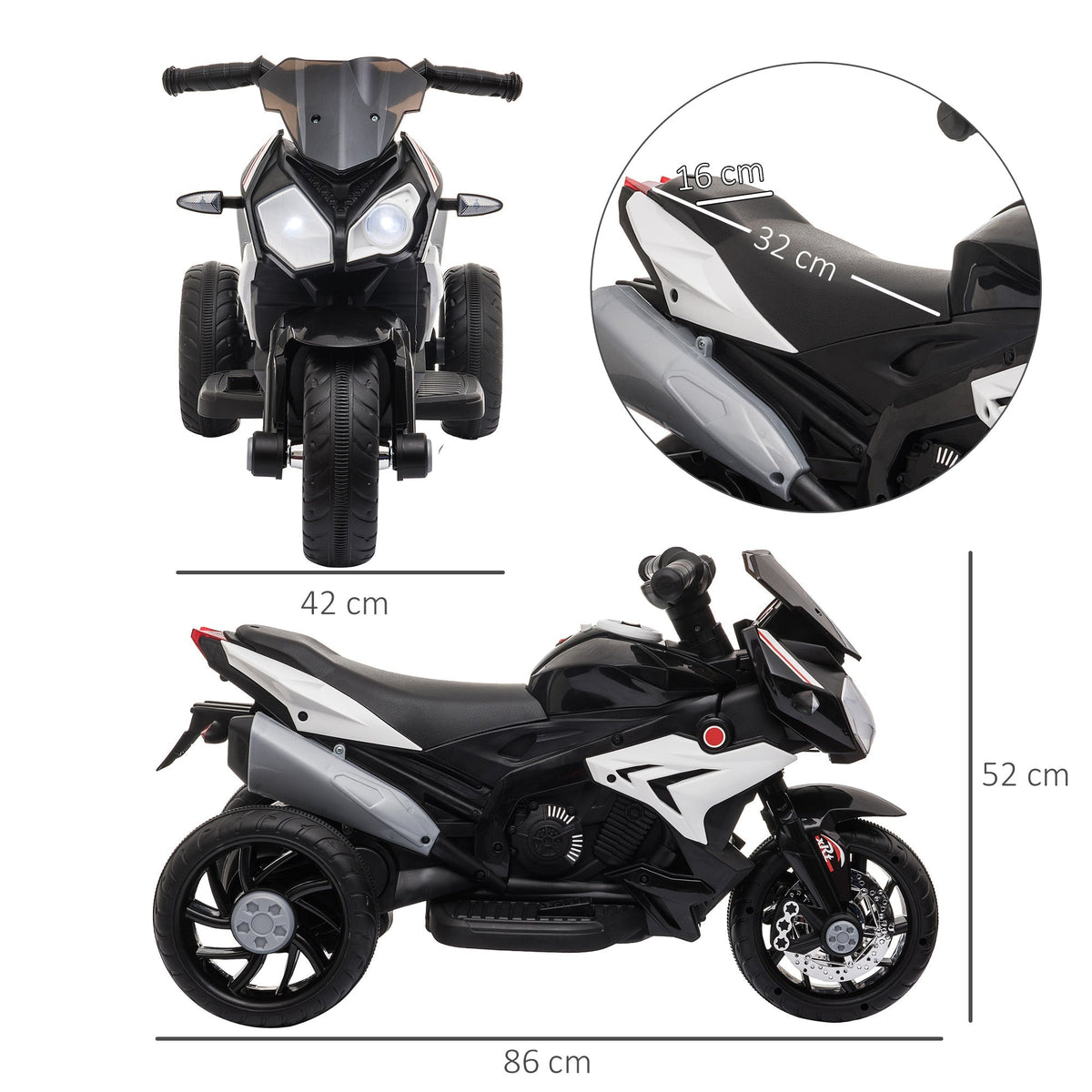 Dimensions of the kids electric motorbike shown with arrows and measurements