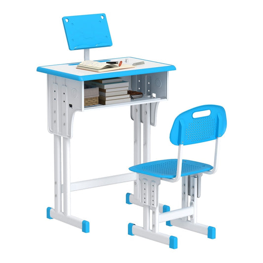 HOMCOM Kids Adjustable Desk and Chair Set in blue with a book stand and pen slot