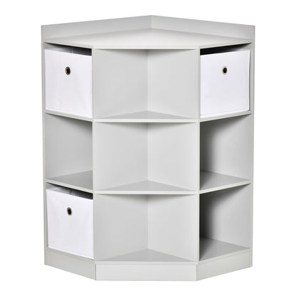 HOMCOM Kids Bookcase, a grey corner shelving unit with three fabric drawers