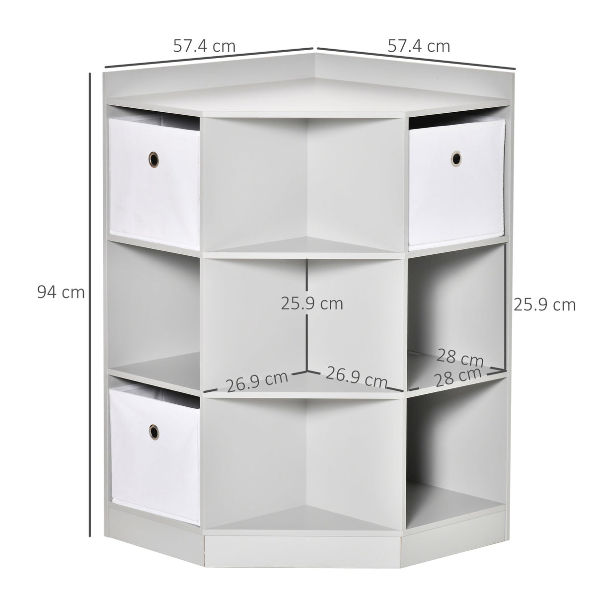 The grey corner shelving unit with dimensions shown on each shelf and the overall height