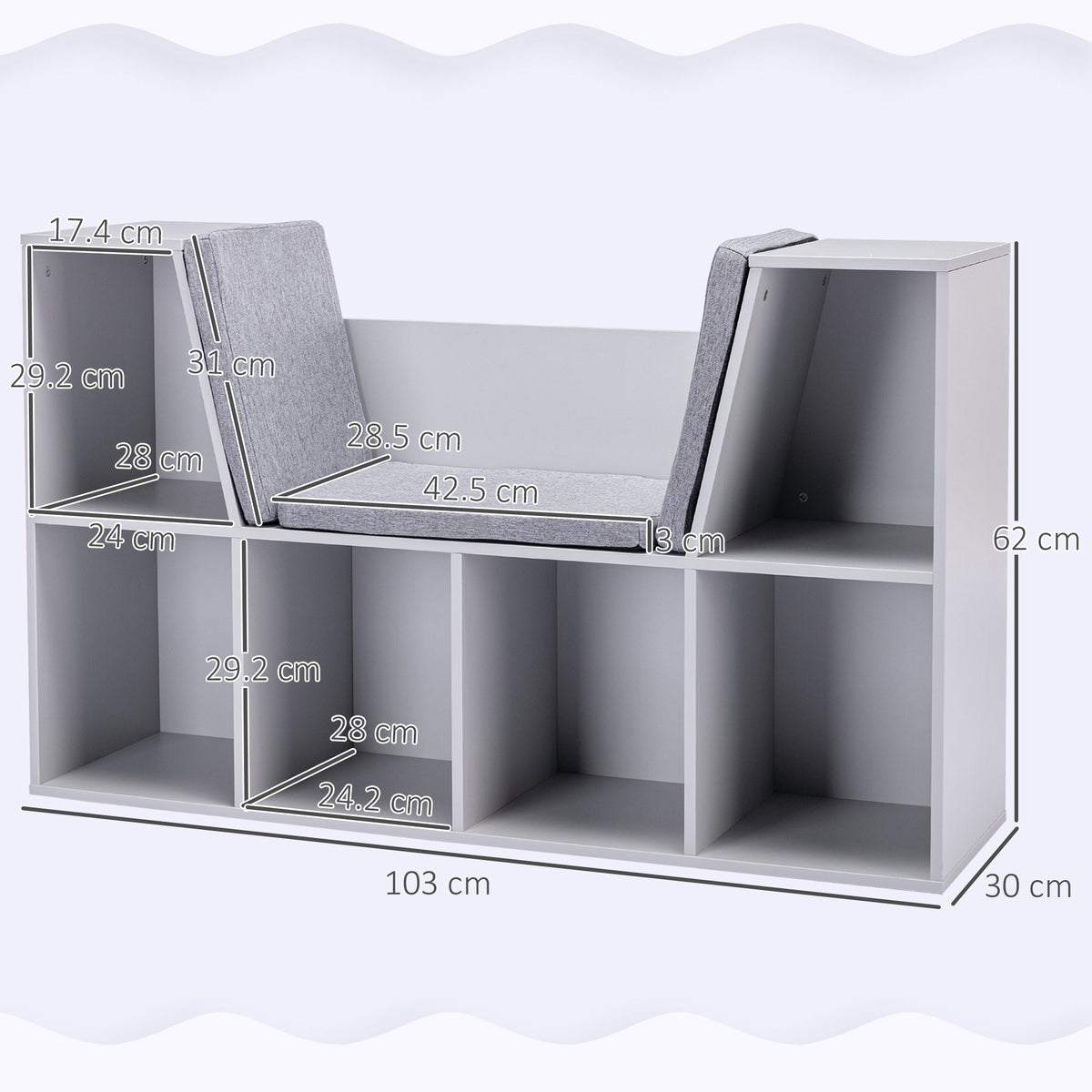 Grey kids storage unit with dimensions shown for width, height, and depth of compartments