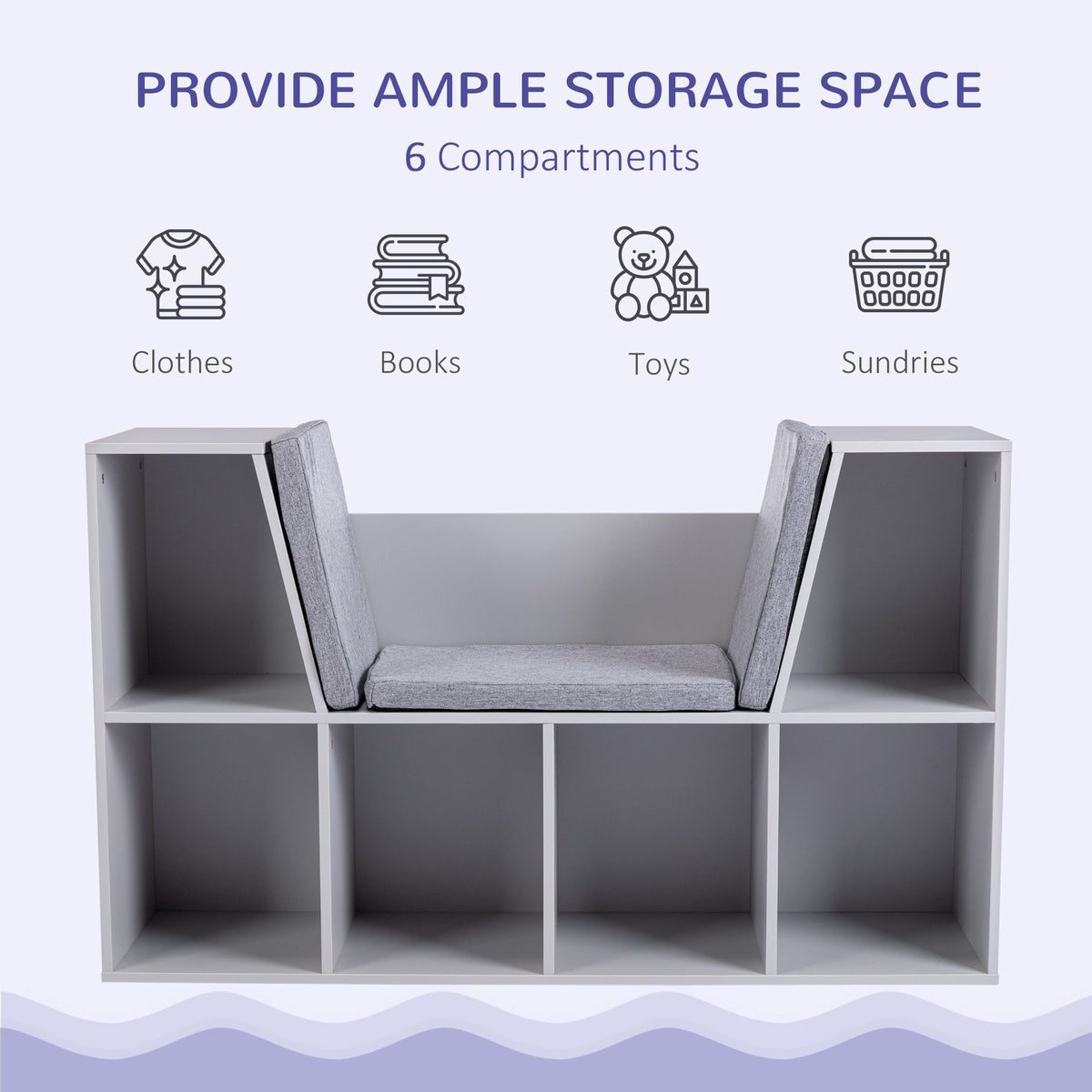 Kids storage unit with six compartments labelled for clothes, books, toys and sundries