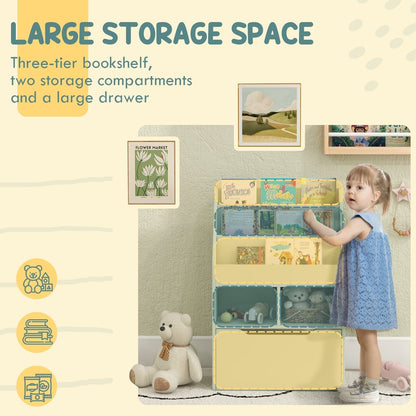 A yellow kids storage unit with a drawer and shelves, filled with toys and books
