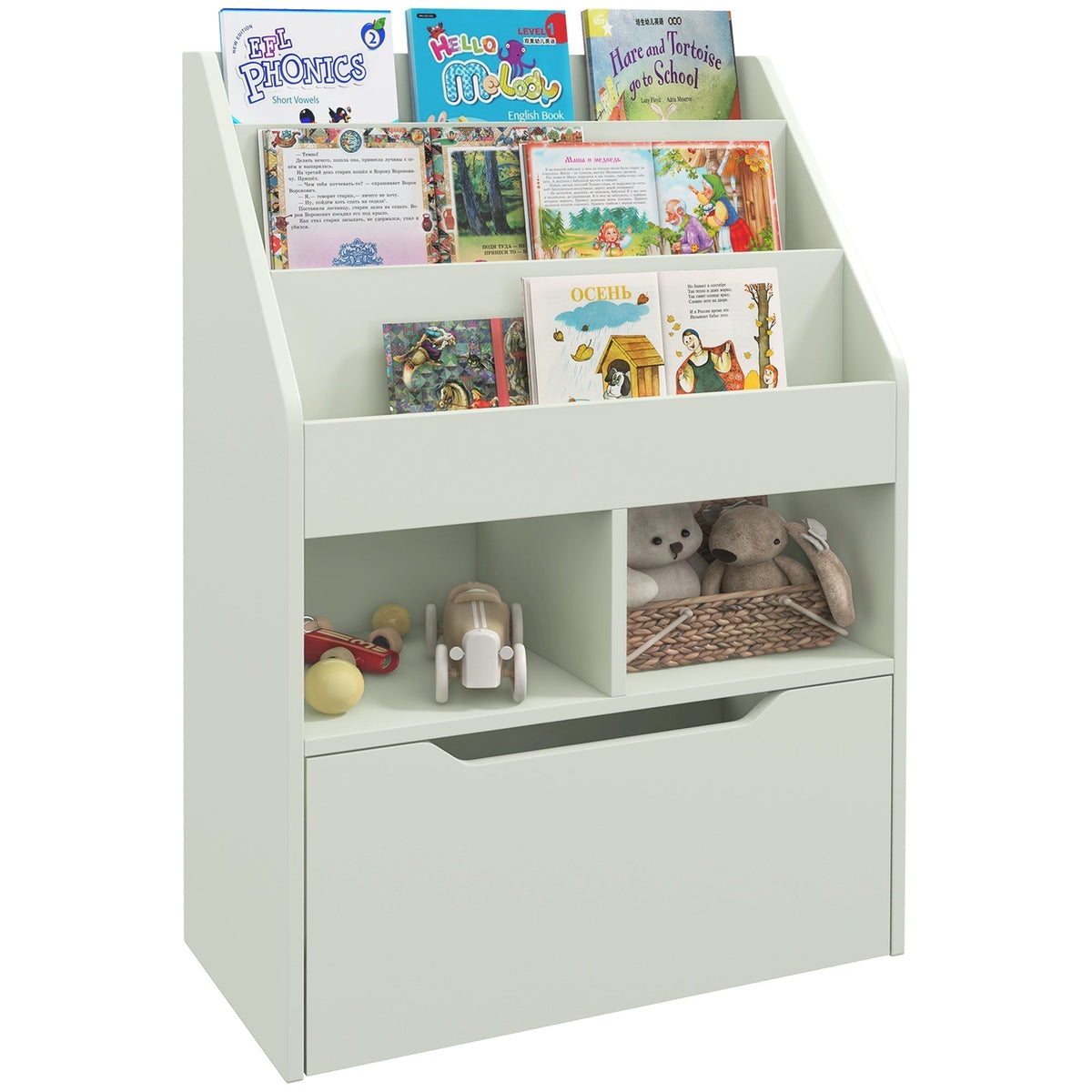 HOMCOM Kids Bookshelf, a green toy organiser with a storage drawer and wheels