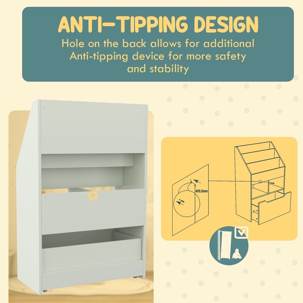 A white kids storage unit with a drawer and shelves, showing the anti-tipping design
