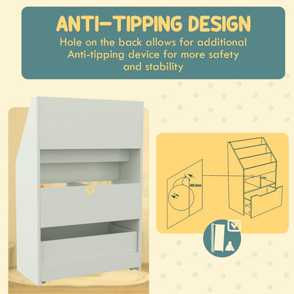 A white kids storage unit with a drawer and shelves, showing the anti-tipping design