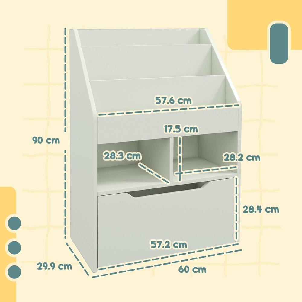 A size diagram of the green kids storage unit showing dimensions in cm