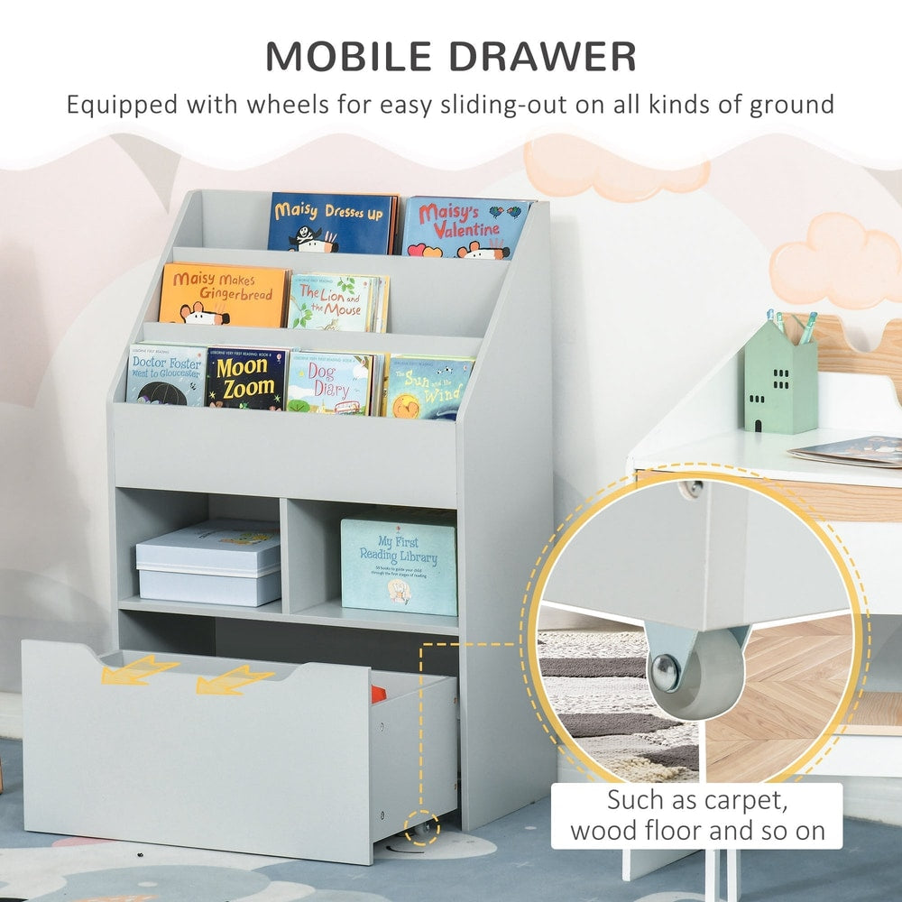 Close-up of the storage drawer on wheels of the kids storage unit