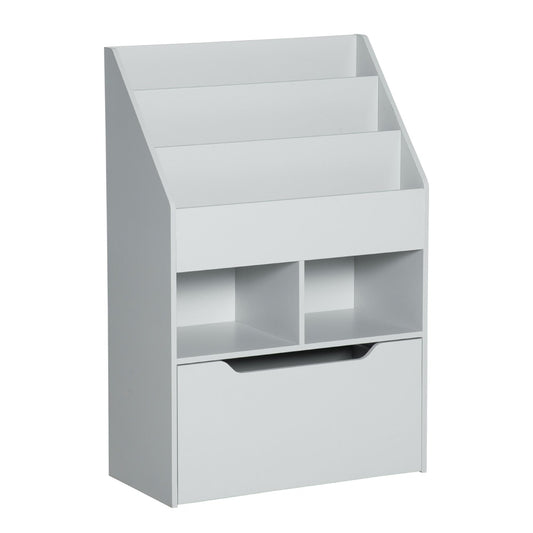 HOMCOM Kids Bookshelf, a grey unit with three shelves and a storage drawer at the bottom