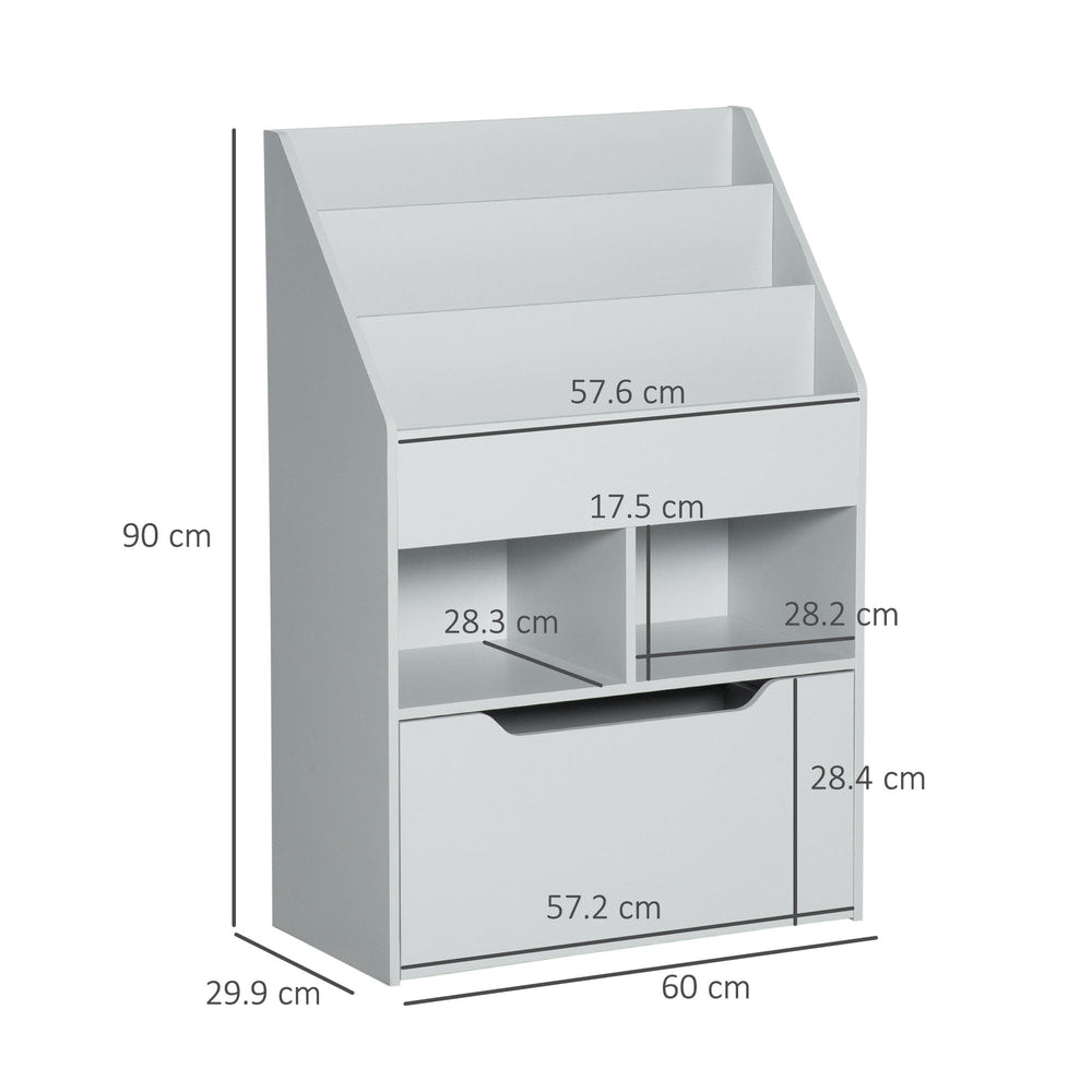 A grey kids storage unit with dimensions shown for height, width and depth