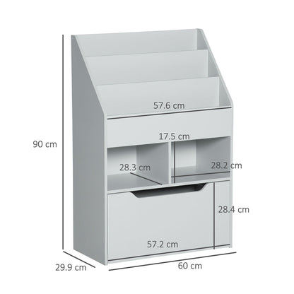 A grey kids storage unit with dimensions shown for height, width and depth