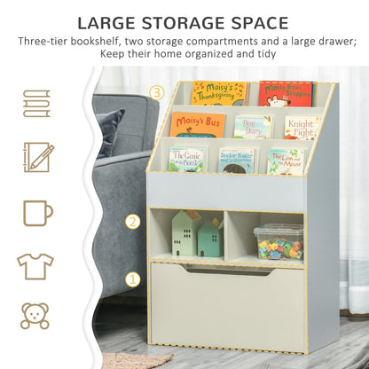 The grey kids storage unit with books and toys displayed on its shelves