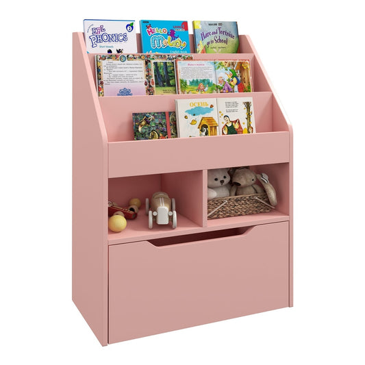 HOMCOM Kids Bookshelf, toy organiser with storage drawer and wheels in pink
