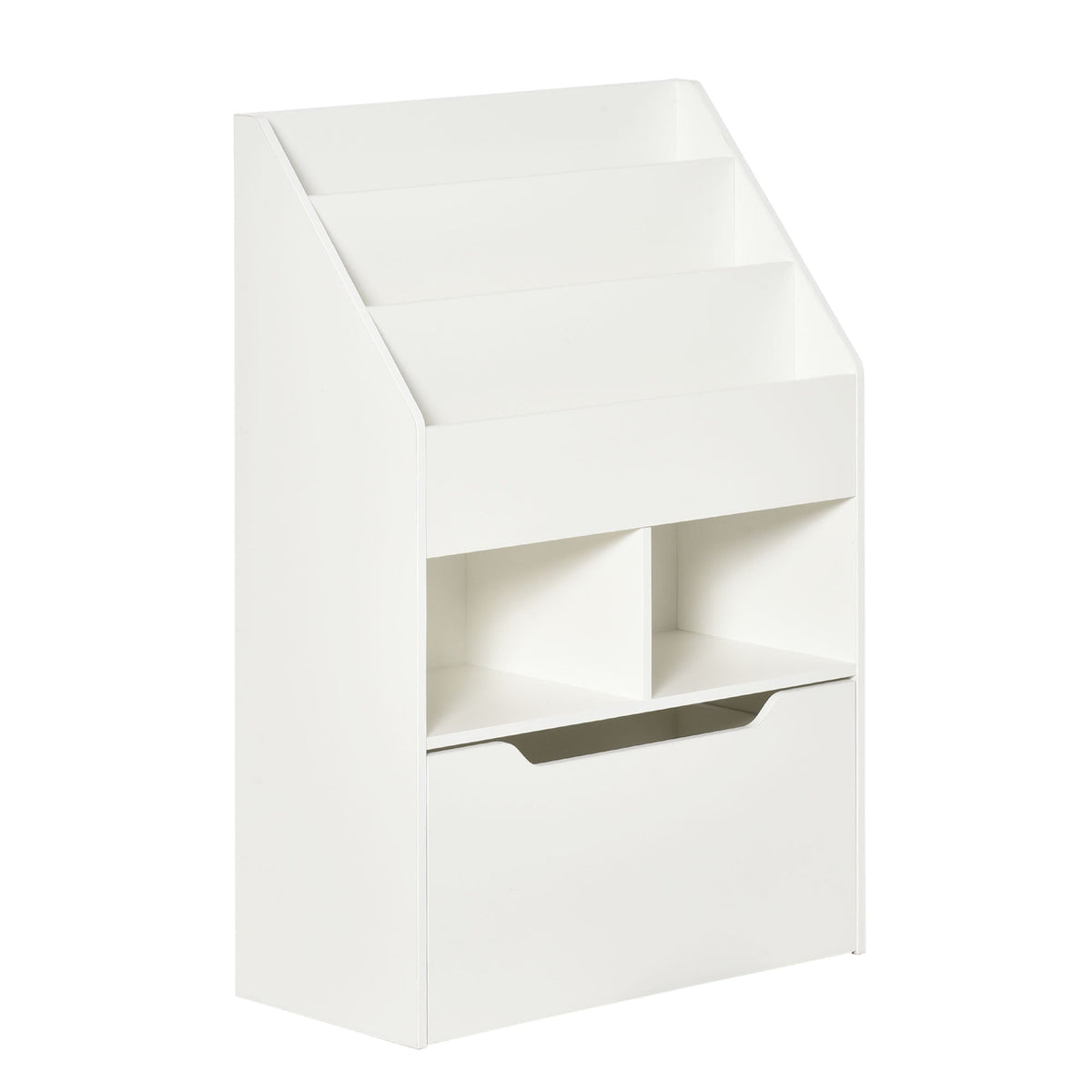 HOMCOM Kids Bookshelf, a white storage unit with three angled shelves and a lower drawer