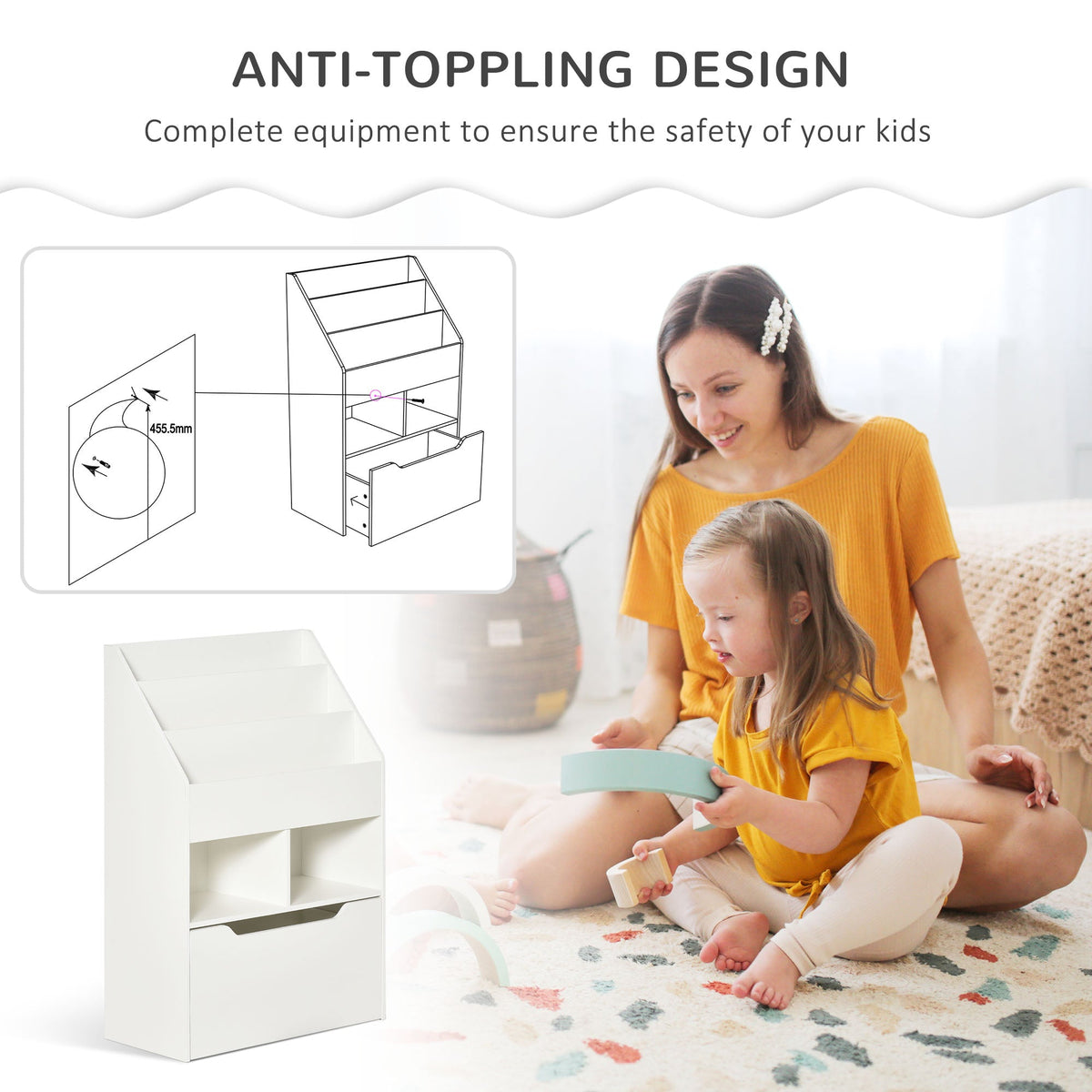 A white kids storage unit with a diagram showing anti-toppling design and a mother and child