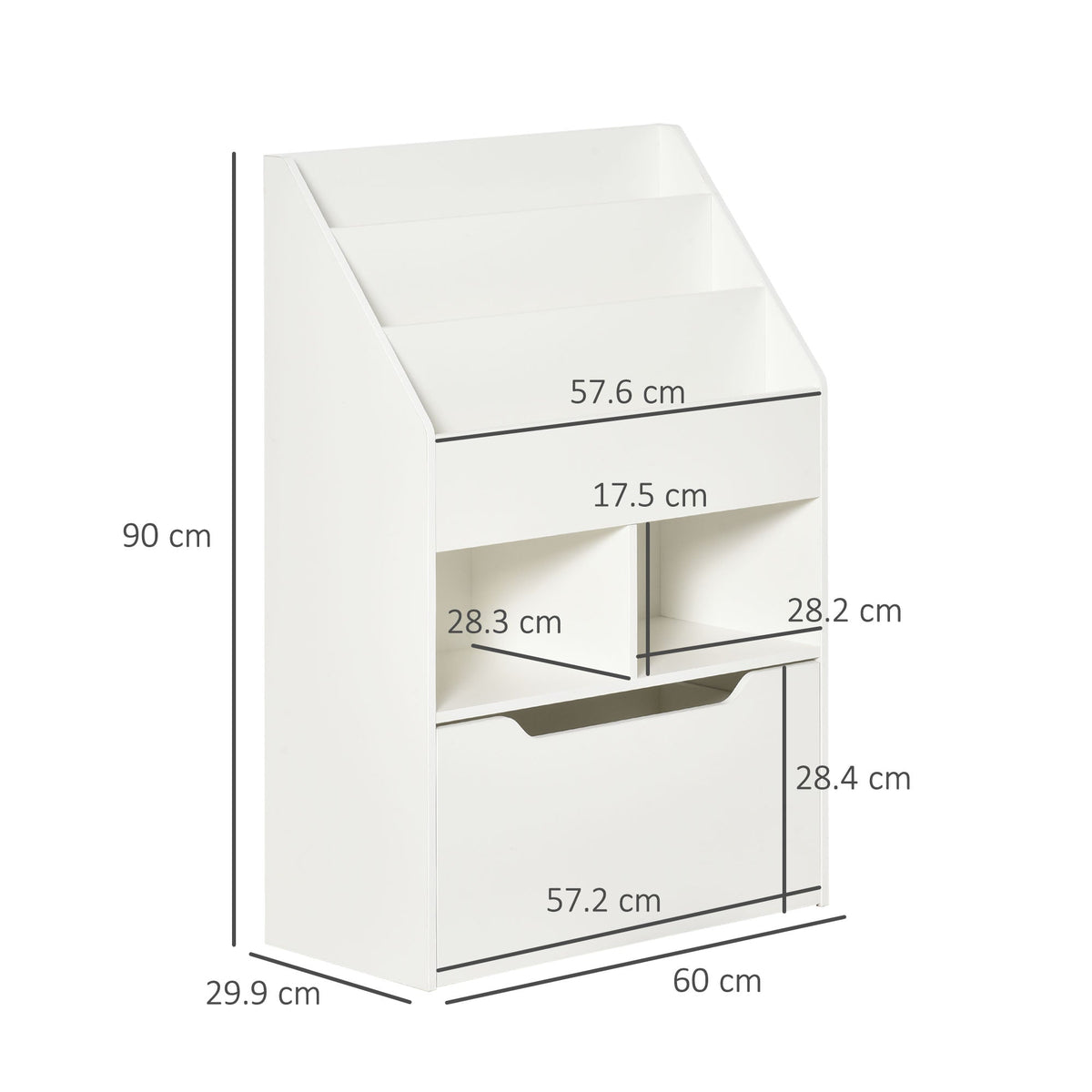 A white kids storage unit with dimensions shown in cm, including height, width and depth