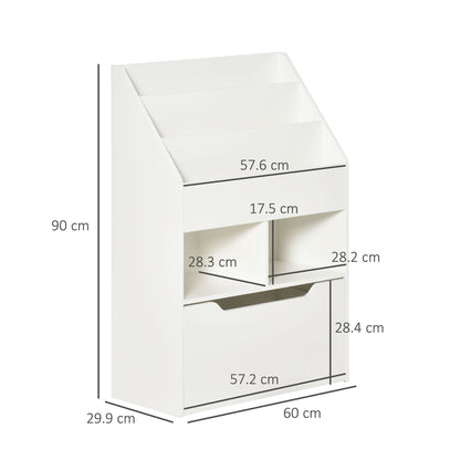 A white kids storage unit with dimensions shown in cm, including height, width and depth