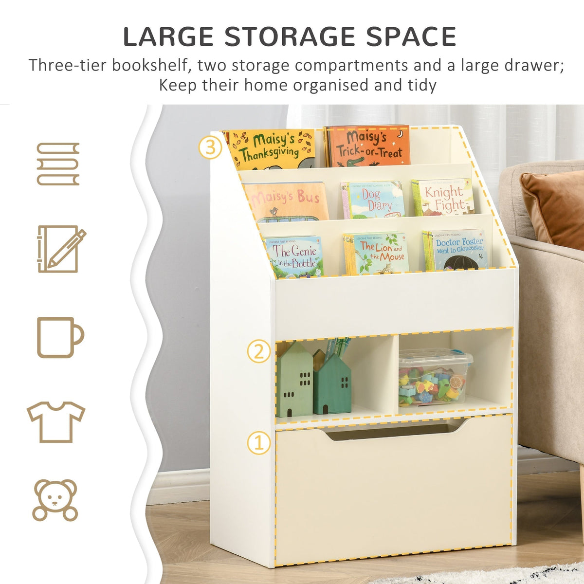 The white kids storage unit with three shelves and a drawer, showing storage compartments