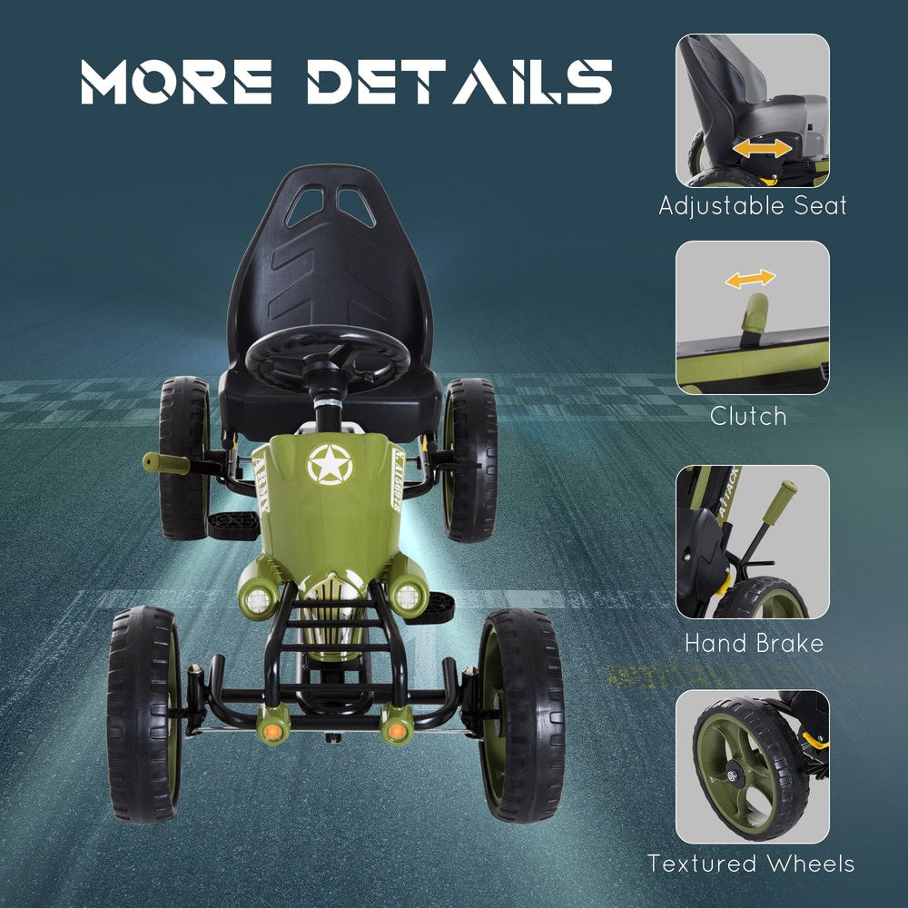 Close up views of the green pedal go kart showing adjustable seat, hand brake and textured wheels