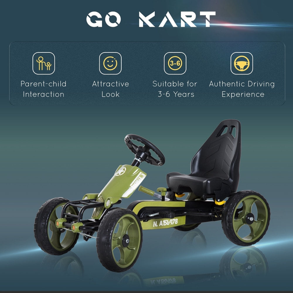 Green pedal go kart with text highlighting parent-child interaction and authentic driving experience
