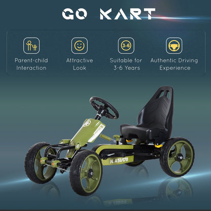 Green pedal go kart with text highlighting parent-child interaction and authentic driving experience