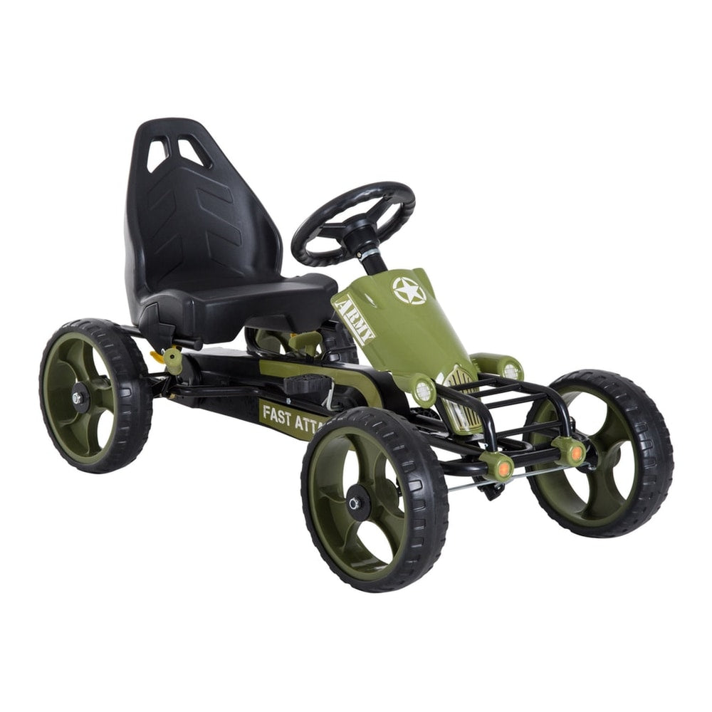 HOMCOM Kids Children Pedal Go Kart Ride On Racer Braking System Adjustable Seat in green with army detailing