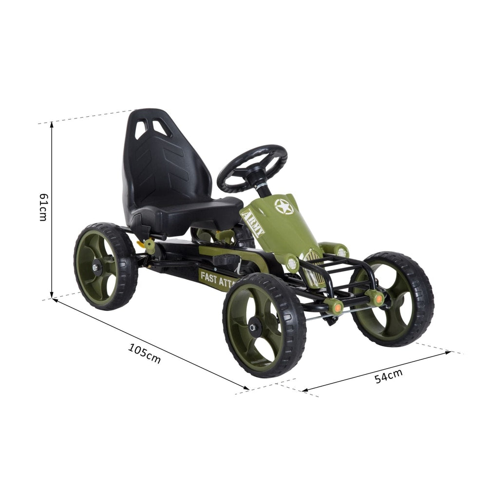 Green pedal go kart with dimensions shown for length, width and height
