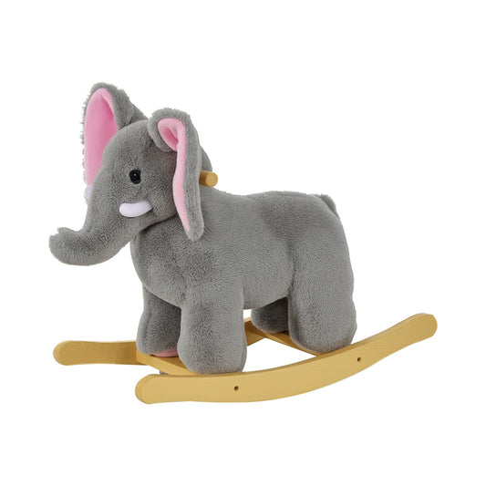 HOMCOM Kids Children Rocking Horse Plush Ride on Animal Wooden Riding Traditional Rocker Gift in Grey Elephant