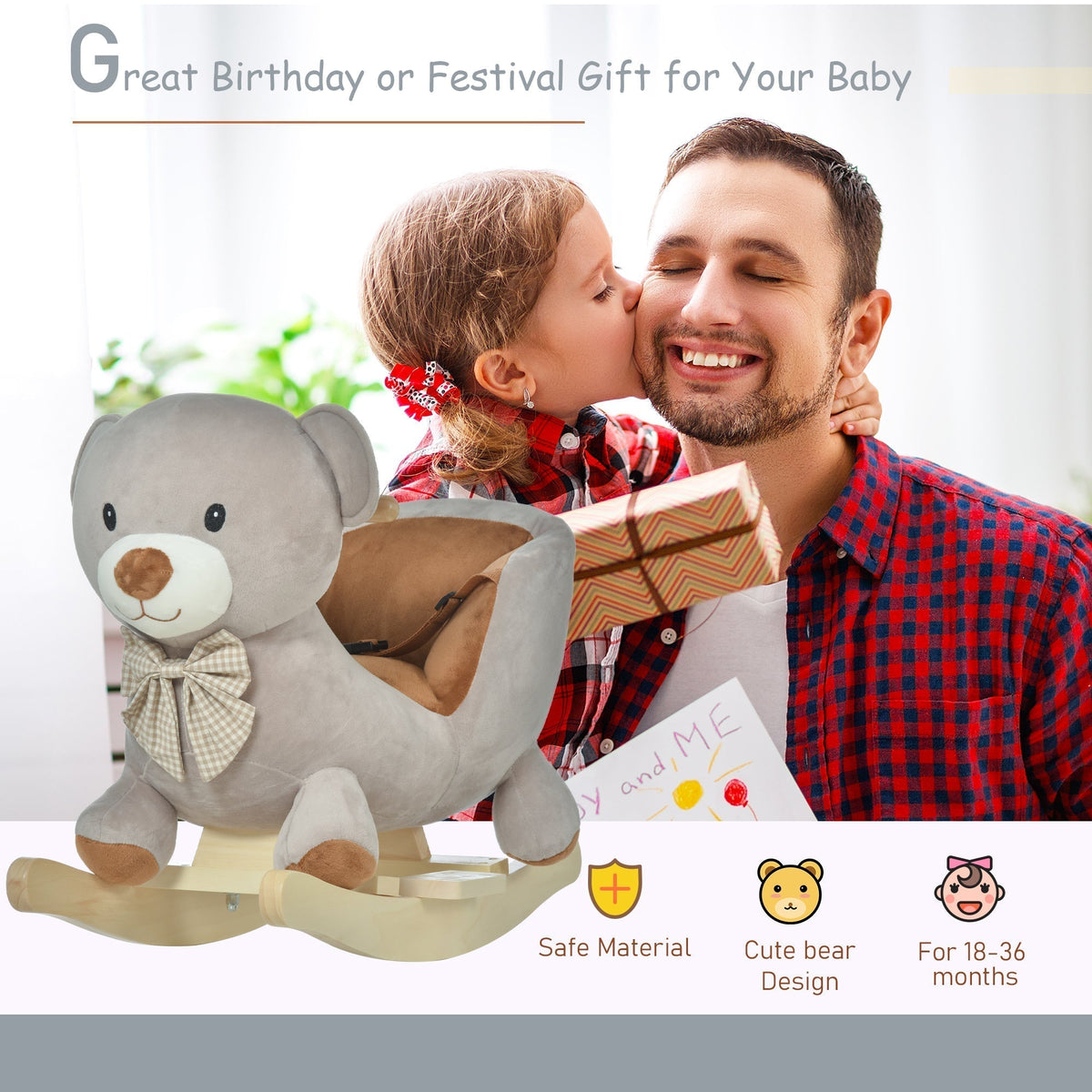 A father and daughter with the plush bear rocking animal, a gift idea