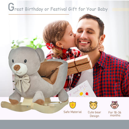 A father and daughter with the plush bear rocking animal, a gift idea