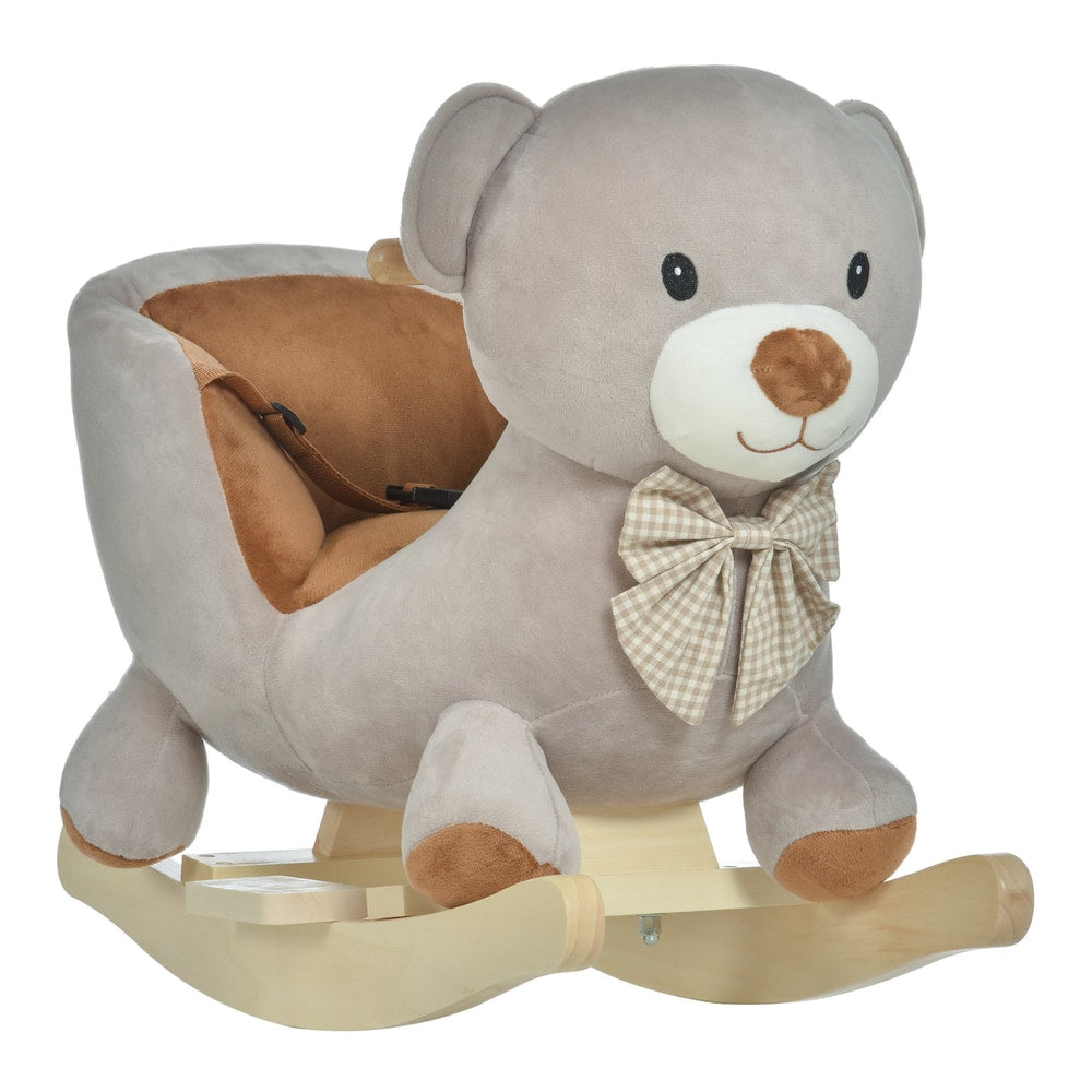 HOMCOM Kids Children Rocking Horse Plush Ride On Bear Seat in grey with a wooden base