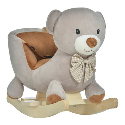 HOMCOM Kids Children Rocking Horse Plush Ride On Bear Seat in grey with a wooden base