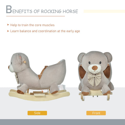 Side and front views of the grey plush bear rocking animal
