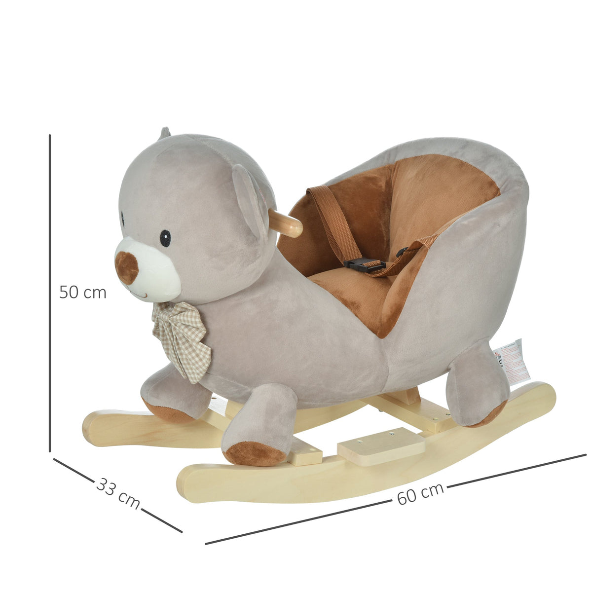 Grey plush bear rocking animal with dimensions shown