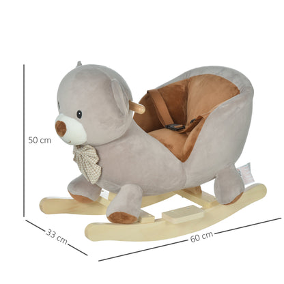 Grey plush bear rocking animal with dimensions shown